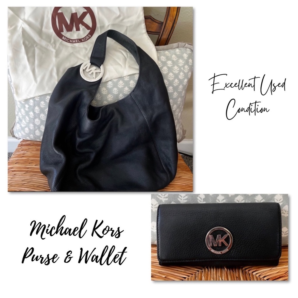 Michael Kors Hobo Leather Tote & Wallet Set- Black- 17”(L) x 10”(H) Approx.